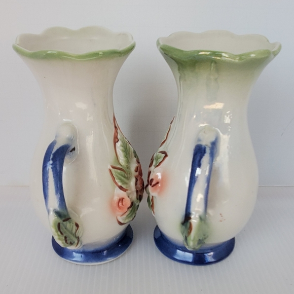 2 Vintage Floral Vases Lusterware Ornate trophy Brazil Blush Mint Blue 5" Pair - Picture 8 of 10